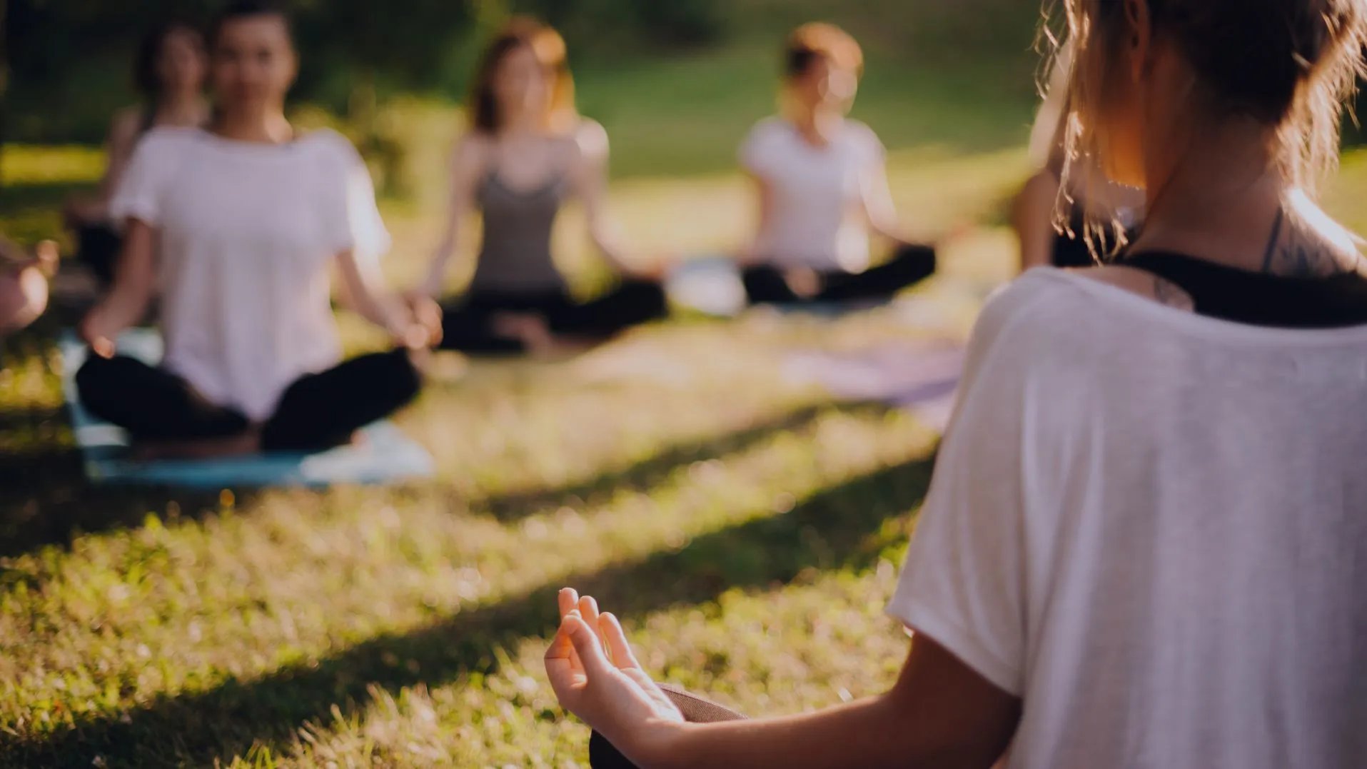 Yoga-Kurs im Grünen mit Yoga-Matten auf der Wiese