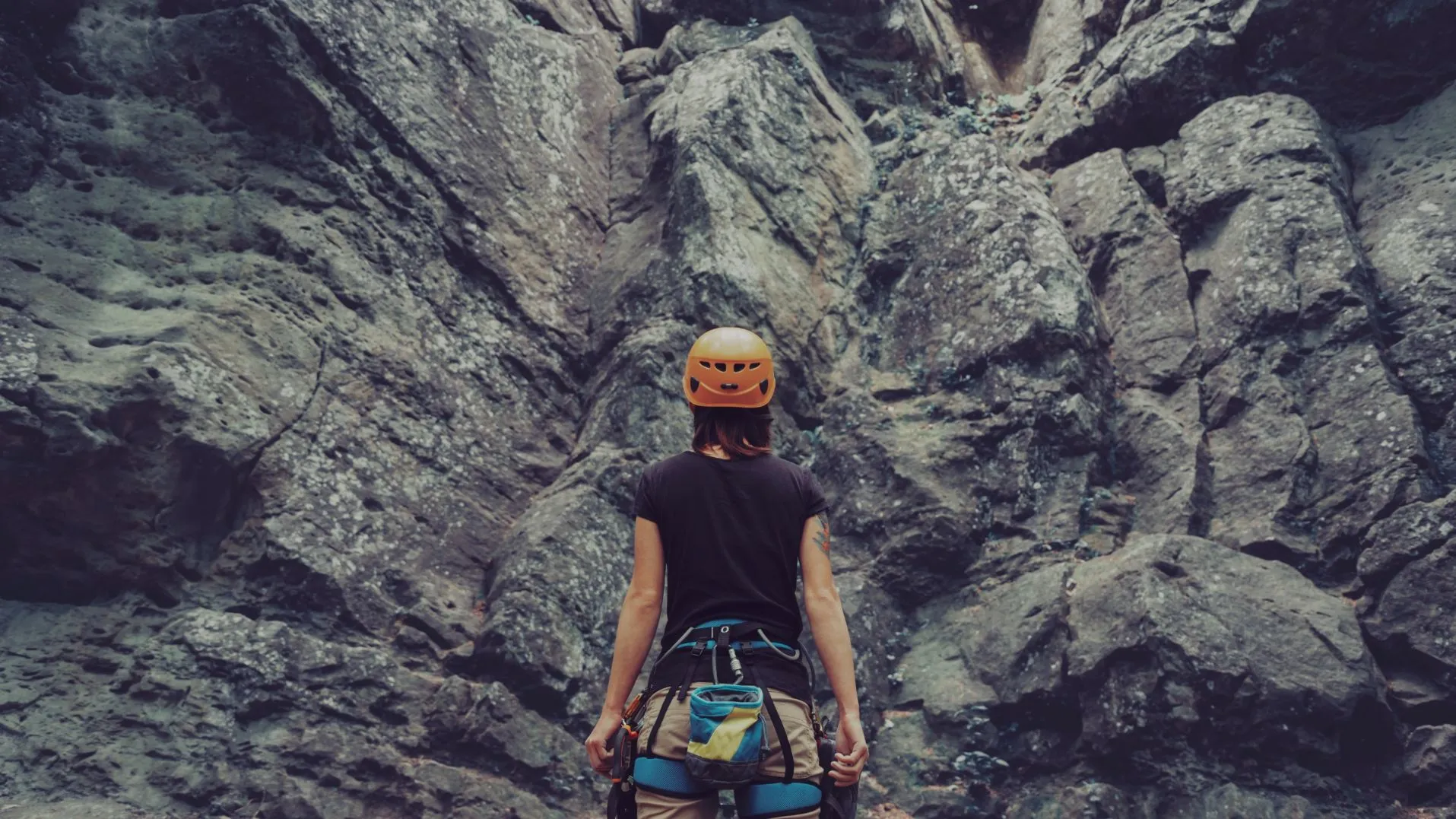 Bergsteigerin vor einer Felswand
